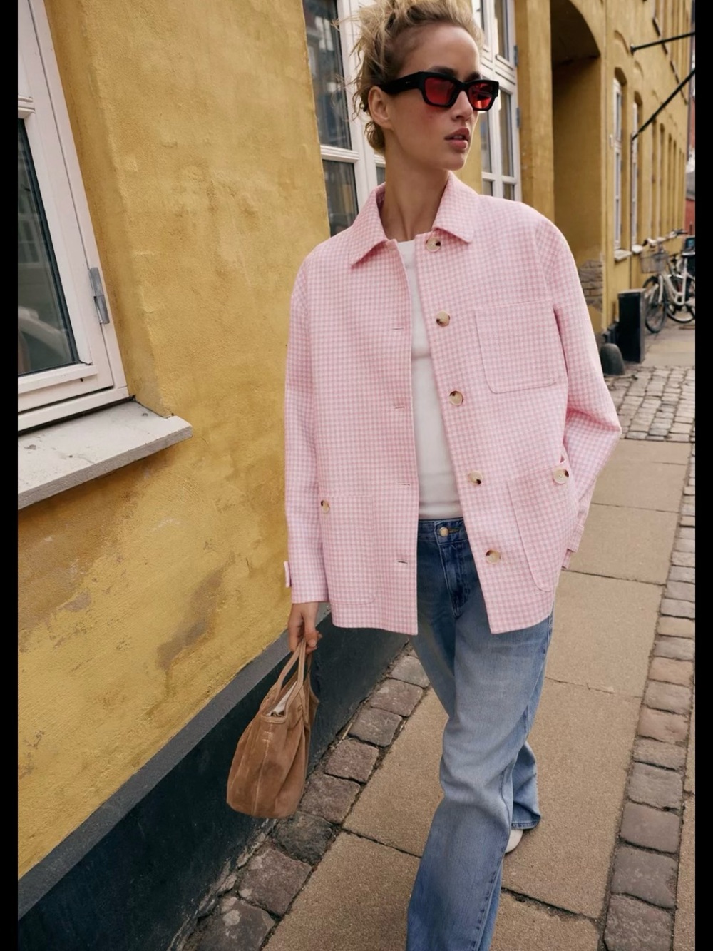 Pink & White Gingham Check Overshirt Jacket - Women's Light Pink Coat XS NWT